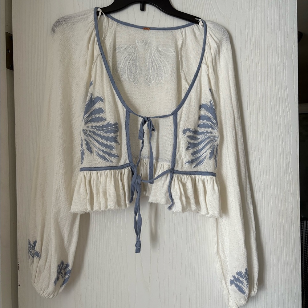 FREE PEOPLE White and Blue Embroidered Tie-Front Top